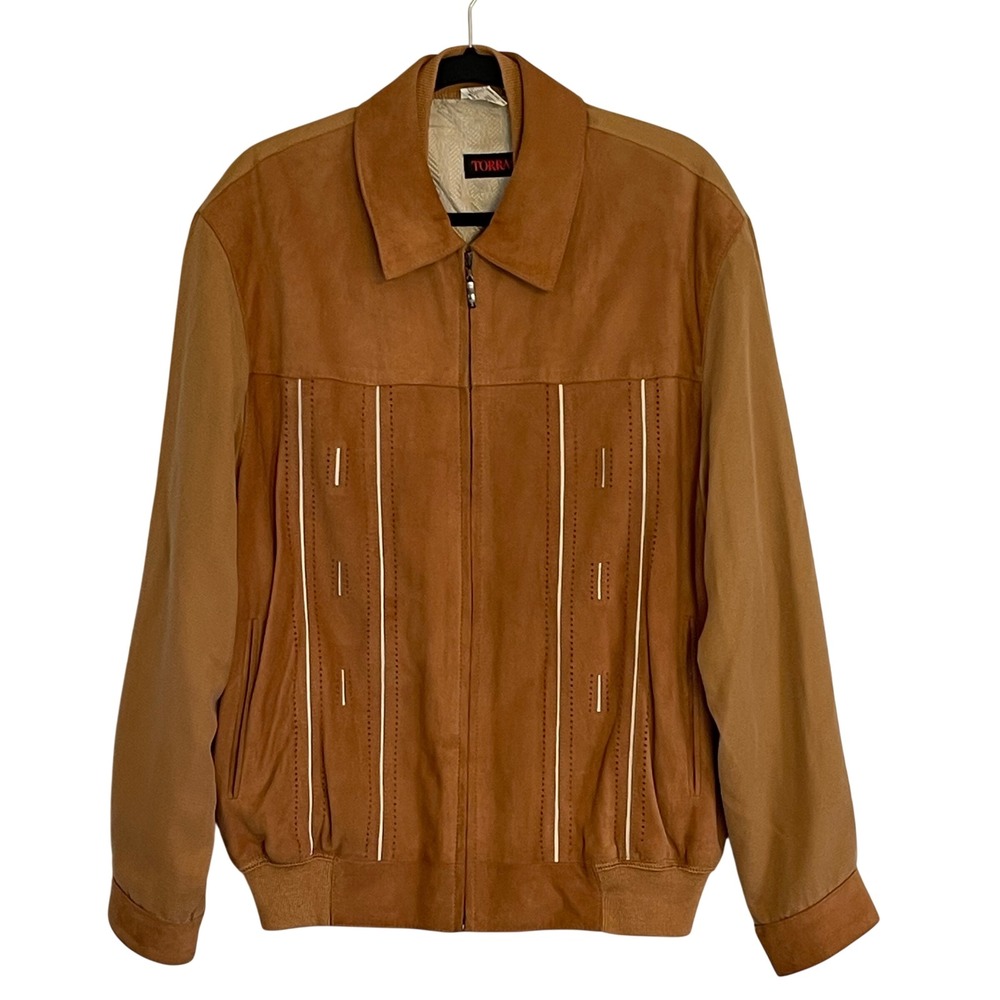 Torras Spain Mens Vintage‎ Suede and Silk Bomber Jacket Tan Brown Size 44 Zip Up